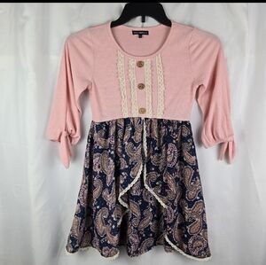 Sequin Hearts Ribbed Pink Paisley Print Lace Trim Boho Dress Girls Size 12